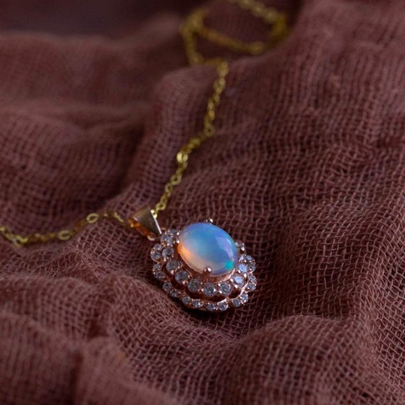 Rose Gold Vermeil Genuine Fire Opal Necklace Vintage Natural Gemstone Necklace - Picture 3 of 8